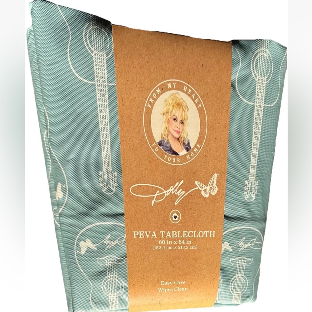 Dolly Parton PEVA Guitars & Butterflies Table Cloth Blue & White 60” X  84”  NEW